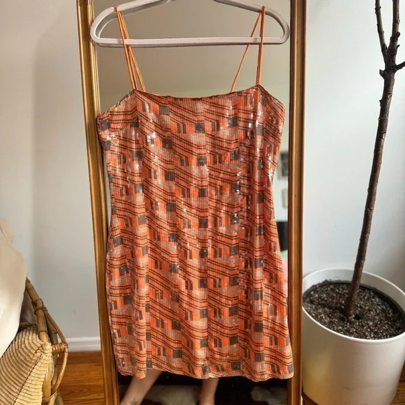 NWT &Other Stories Orange Sequin Geometric Print Minidress Size 10 - Picture 4 of 6